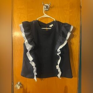 VOY Navy Blue Striped Ruffle Sleeve Top